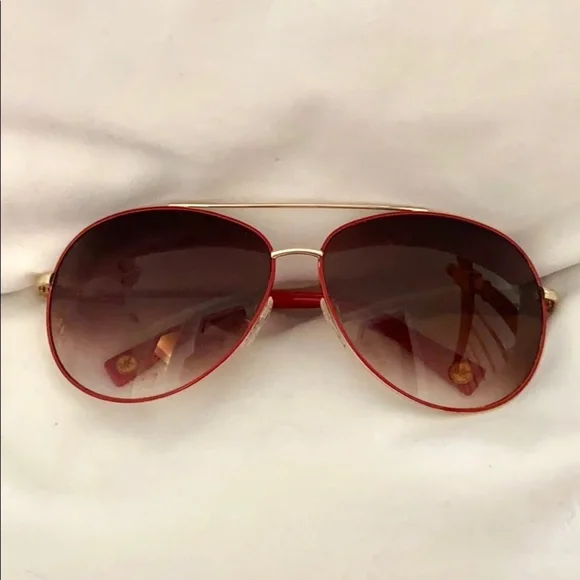 Michael Kors Gold & Red Trim Aviator Sunglasses - Picture 2 of 14